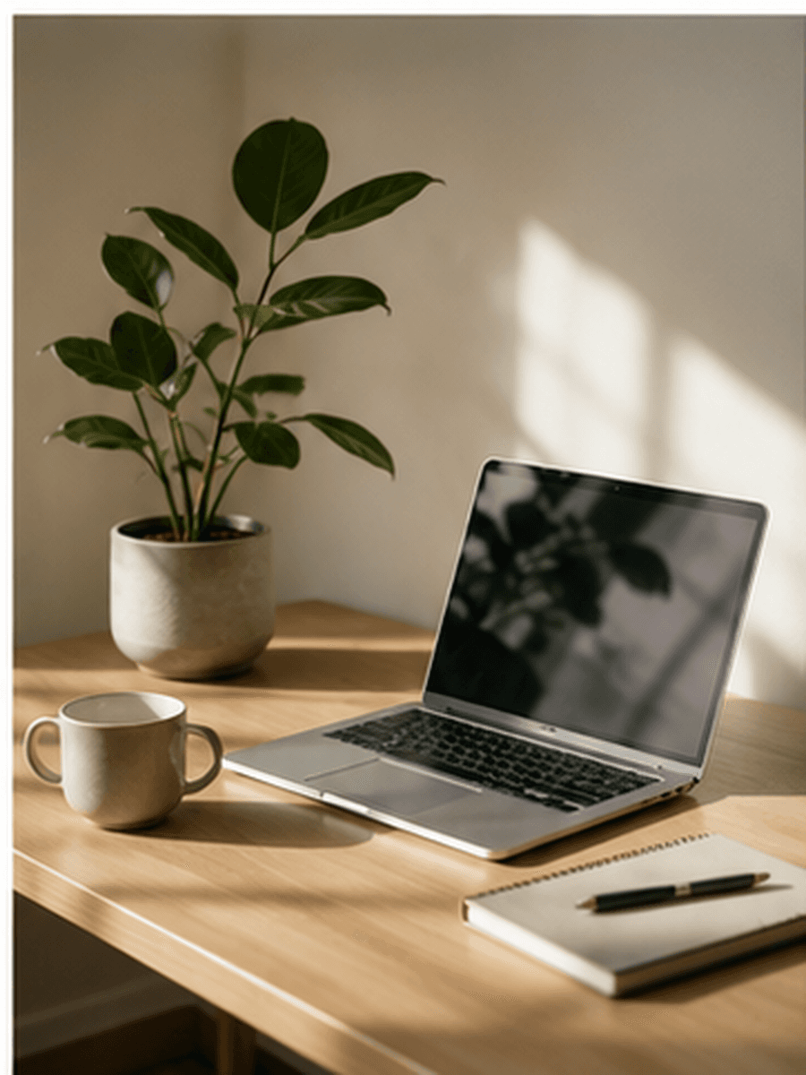 Job application form on a laptop, notebook and coffee cup on a sunlit wooden desk beside a potted plant