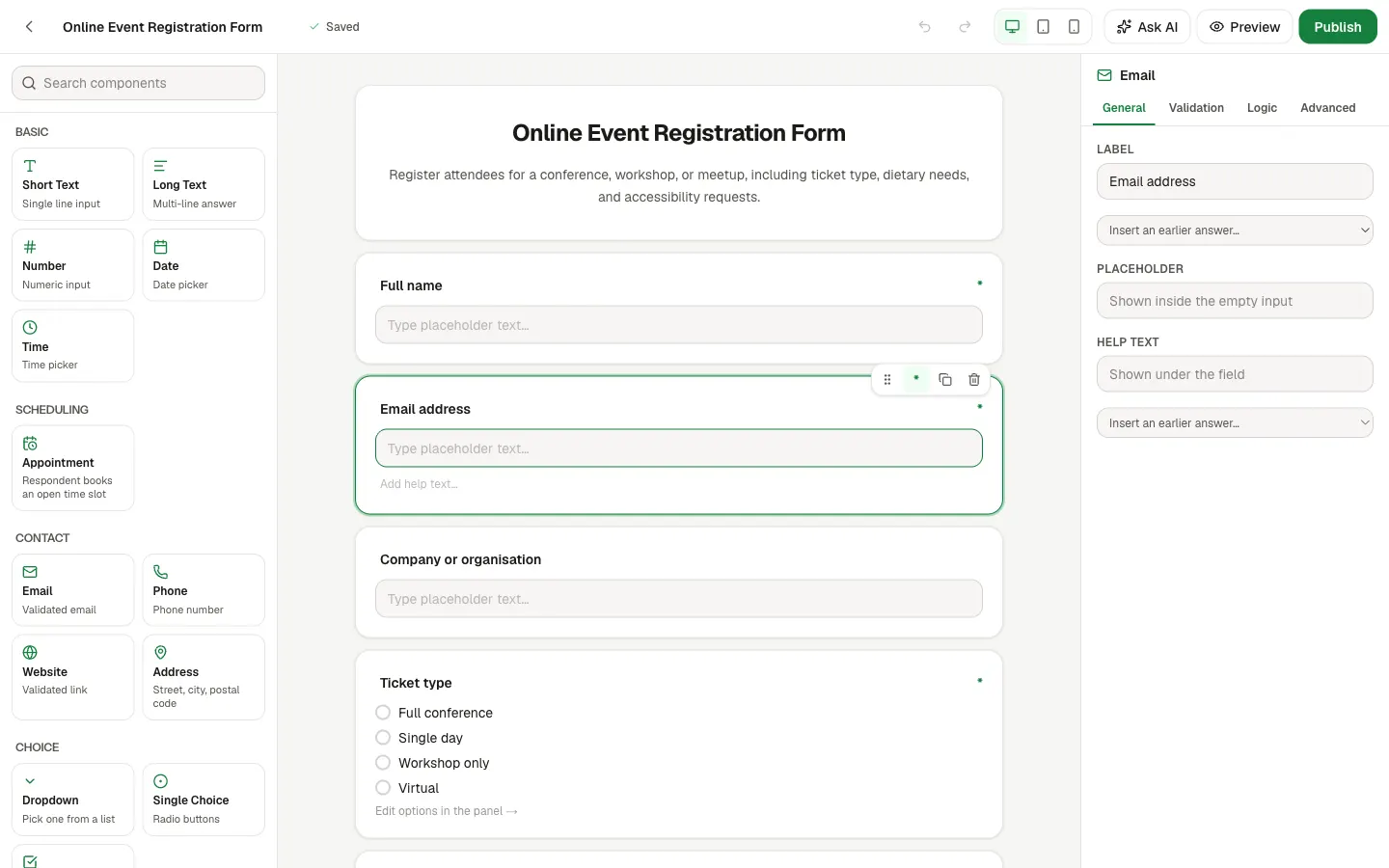The form builder: the component library on the left, the form in the middle with the Email address question selected, and that question's settings on the right.