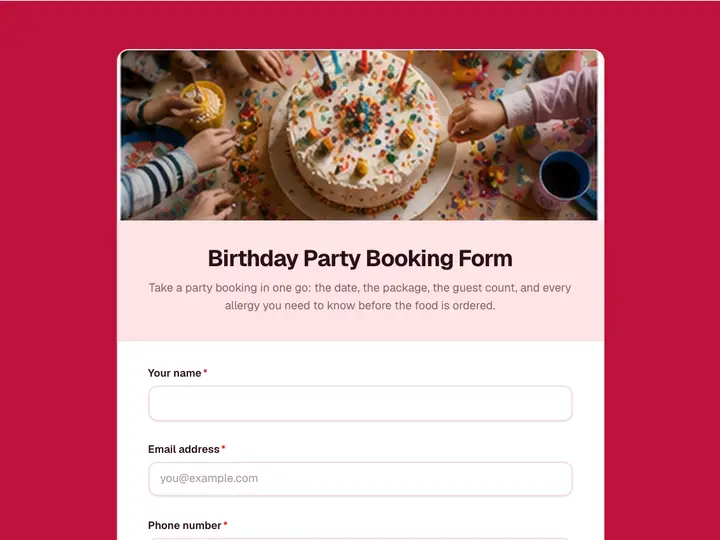 Birthday Party Booking Form template preview