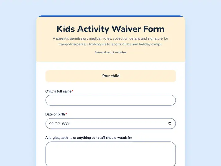 Kids Activity Waiver Form template preview
