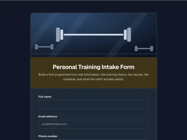 Personal Training Intake Form template preview