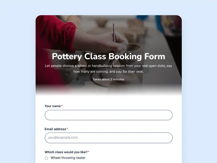 Pottery Class Booking Form template preview
