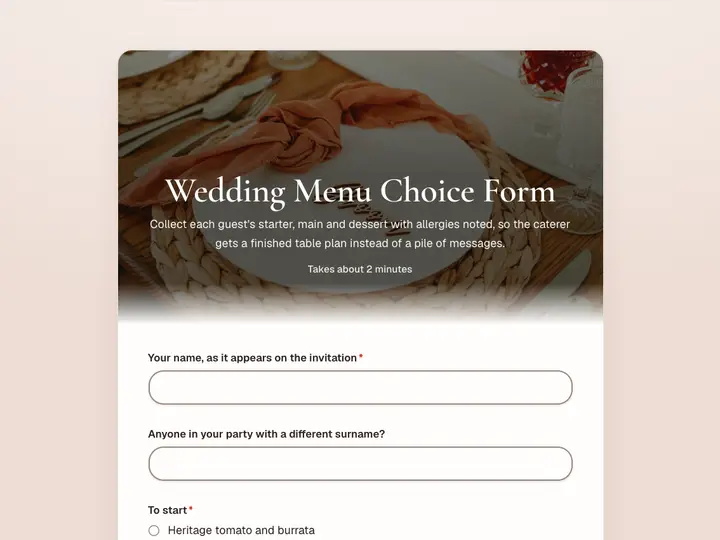 Wedding Menu Choice Form template preview